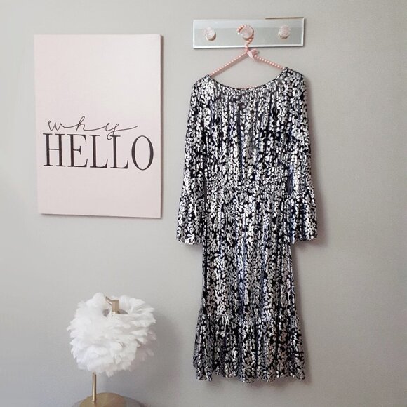 NWT Michael Kors black & silver metallic fibre floral print long sleeve dress, 8 - Picture 3 of 12
